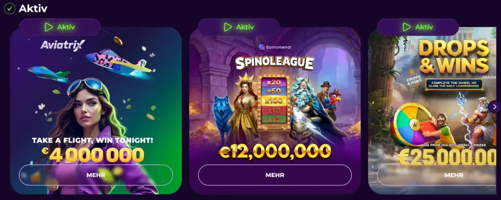 Vivajack Casino aktive Spiele und Turniere wie Aviator und Spinoleague mit großen Gewinnen