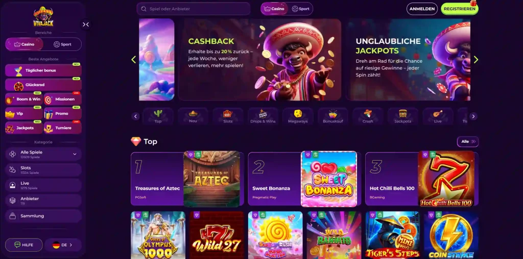 Vivajack Casino Homepage mit Spiele Lobby, Navigation und Top Slots Auswahl