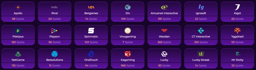 Vivajack Casino Anbieter Übersicht mit verschiedenen Providern und Spieleanzahl