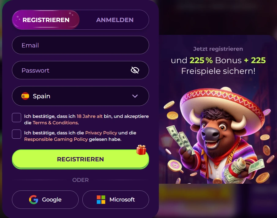 Vivajack Casino Registrierungsformular mit Bonusangebot und Anmeldung über Google oder Microsoft