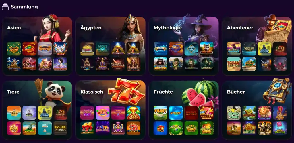 Vivajack Casino Slot Kategorien mit Themen wie Asien Mythologie und Klassisch