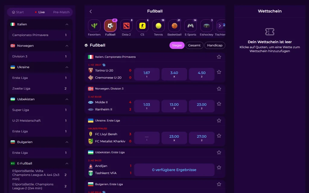 Vivajack Casino Live Sportwetten Bereich mit Fußball Spielen und Quoten