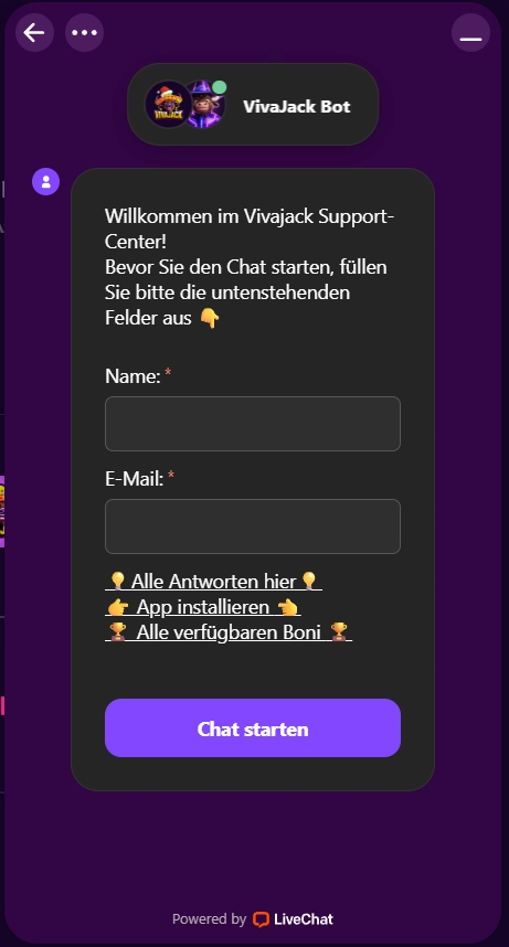 Vivajack Casino Support Chat Formular mit Eingabefeldern und Start Button